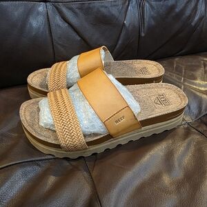 Reef Tan Leather Slide Sandals with Woven Strap
